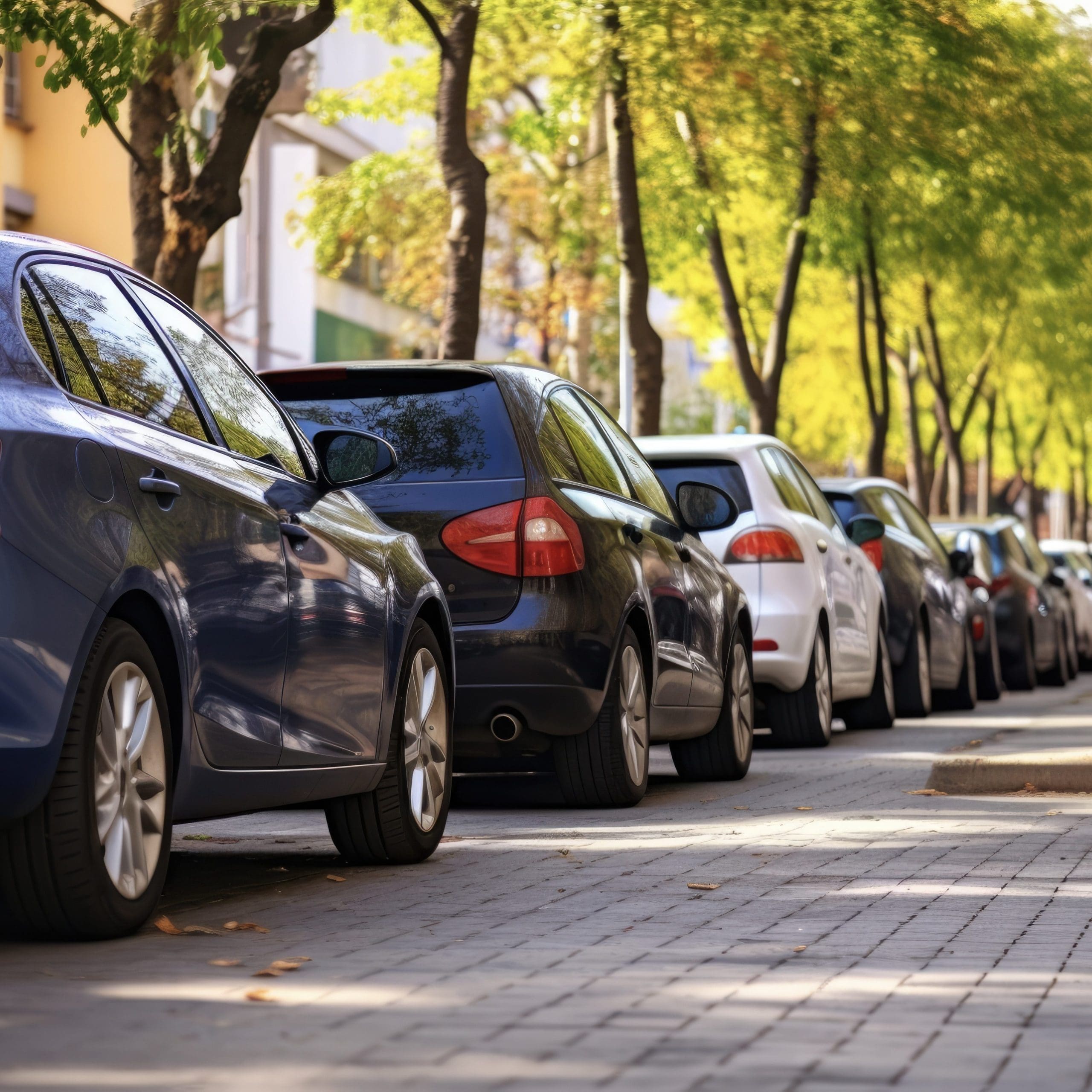 A row of parked cars lines a sunlit street shaded by trees with green leaves. The cars, including a blue sedan in the foreground, are parked closely along the sidewalk. Urban buildings are visible in the background.