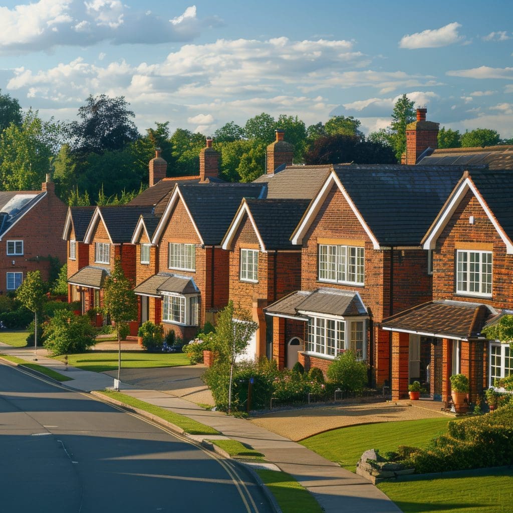 A picturesque neighborhood with a row of brick houses lined up along a quiet street. The homes have manicured lawns and gardens, and the sky above is partly cloudy on a sunny day. Trees are visible in the background.