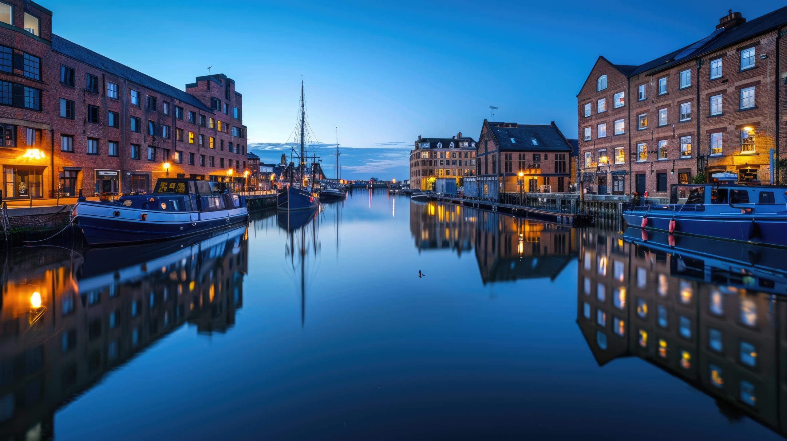 A tranquil canal scene at dusk with moored boats lining both sides, reflecting in the calm water. Historic brick buildings with illuminated windows frame the waterway, and a clear blue sky stretches overhead.