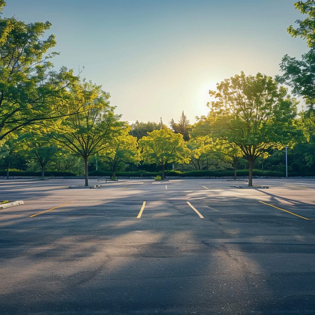 Empty parking lot with marked spaces, surrounded by lush green trees. Sunlight filters through the leaves, casting shadows on the pavement. The sky is clear with a hint of the setting or rising sun in the distance.