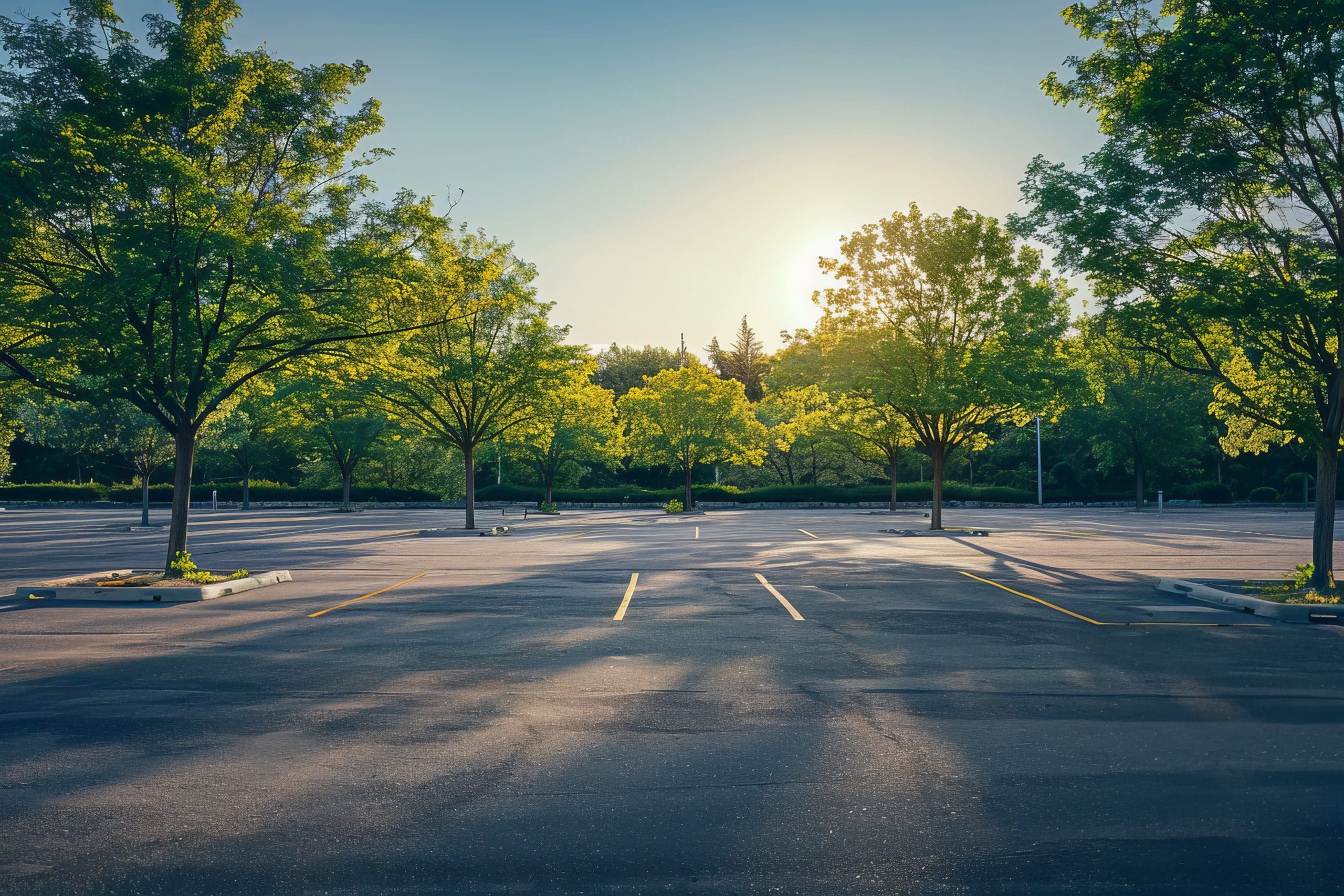 An empty parking lot bathed in the golden light of sunset. The area is lined with lush green trees, casting long shadows on the asphalt. The sky is clear, with the sun partially visible on the horizon.