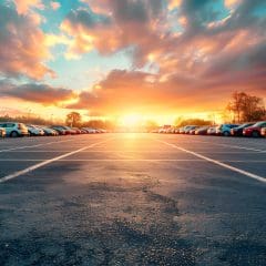 A wide parking lot filled with parked cars stretches into the distance under a vibrant sunset. The sky is adorned with colorful clouds, and the horizon is illuminated by the setting sun, casting a warm glow over the scene.