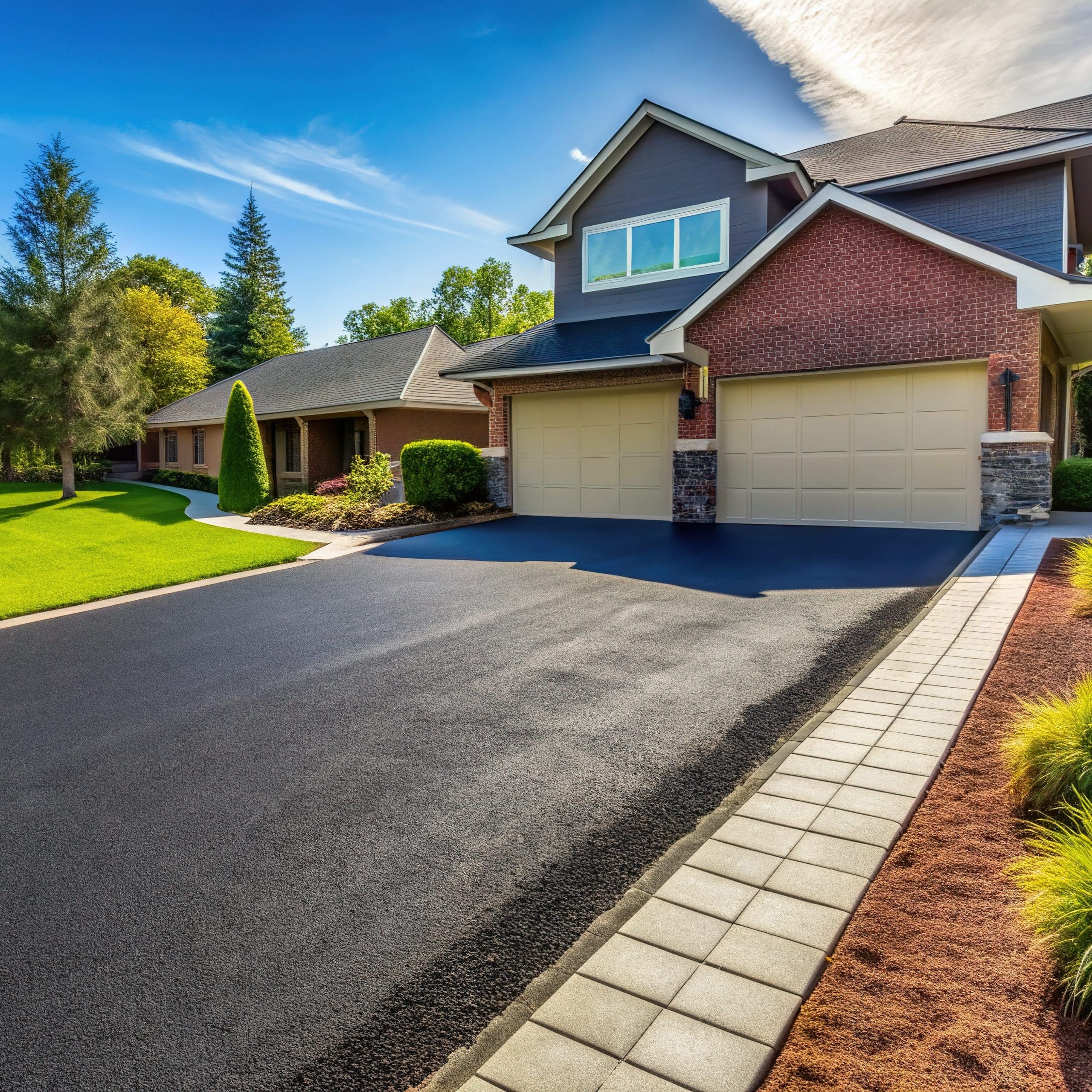 A suburban house with a two-car garage, brick facade, and neatly manicured lawn. The driveway is freshly paved, and a stone path leads to the entrance. Trees and shrubs are visible in the background under a clear blue sky.