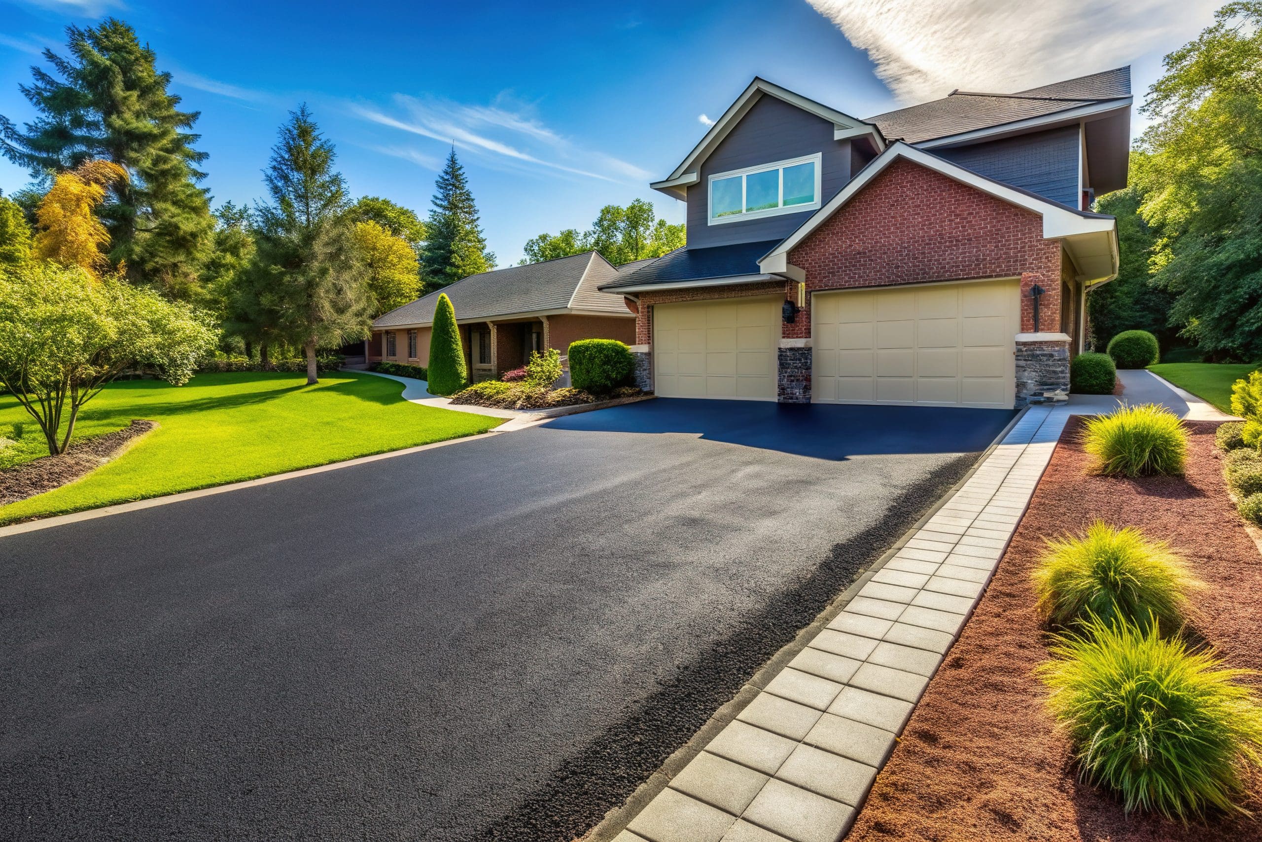 A suburban house with a brick facade, two-car garage, and a freshly paved driveway. The lush green lawn is bordered by shrubs and trees under a clear blue sky. A walkway with pavers runs along the edge of the driveway.