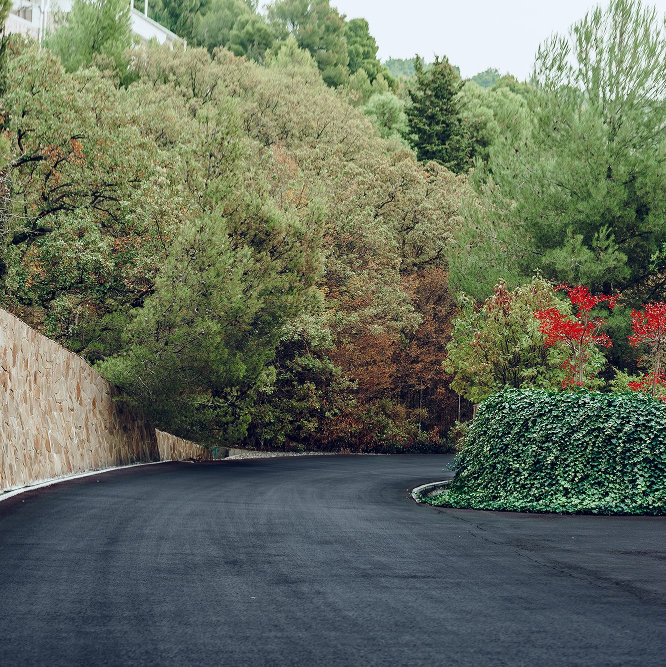 A winding road curves to the left, bordered by a stone wall on one side and lush greenery on the other. Trees with various shades of green and autumn colors surround the road, creating a serene and picturesque landscape.