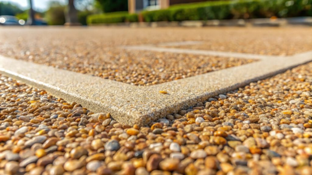 Close-up view of a textured sidewalk or pavement with small pebbles embedded in concrete, showing the corner of a square border. Green bushes and a building are blurred in the background.