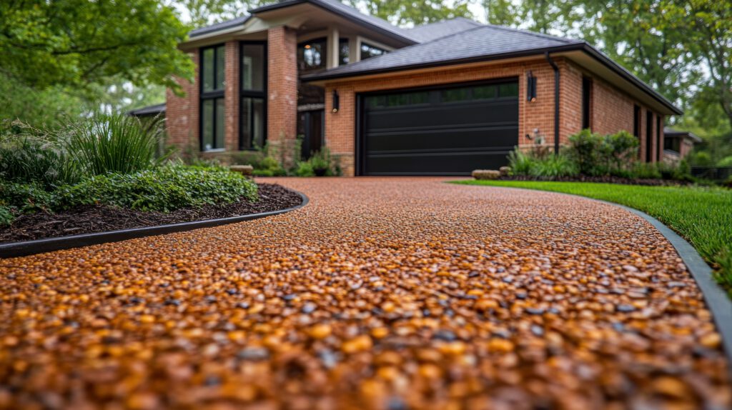 A modern brick house with large windows and a black garage door is seen from a low angle, showcasing a curved, tan and brown pebble resin driveway bordered by green landscaping.