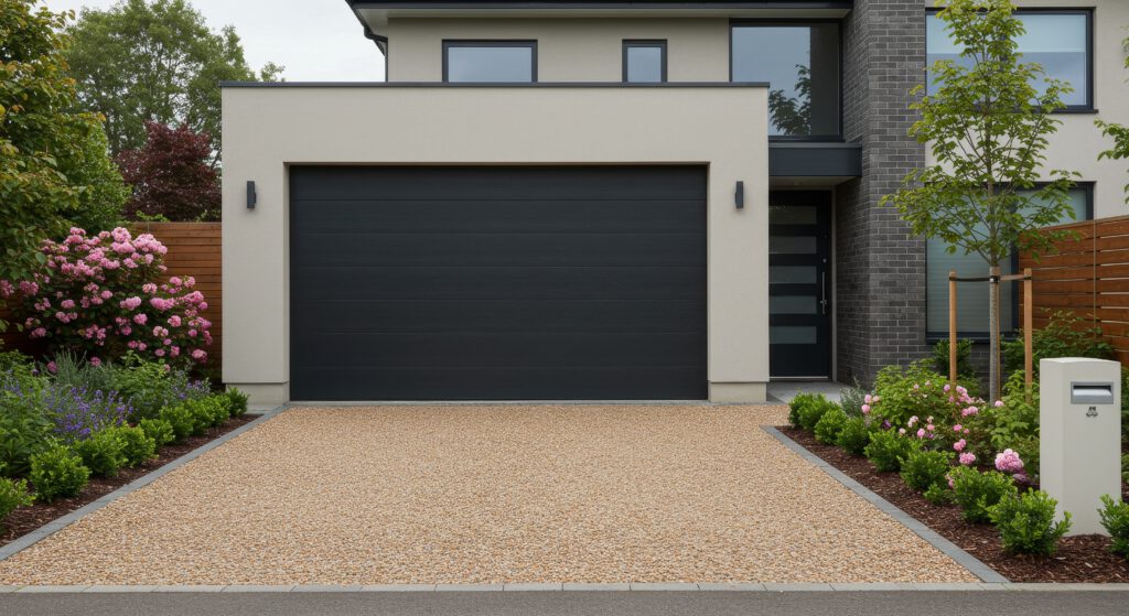 A modern house with a large black garage door, light-colored walls, and a gravel driveway bordered by neatly trimmed green shrubs and blooming pink flowers.